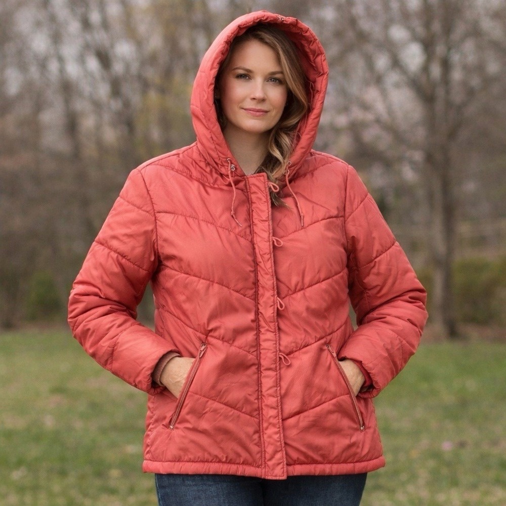VTG 60s Sears Hooded Puffer Jacket Women's MED Red Quilted Nylon Korea Zip Coat